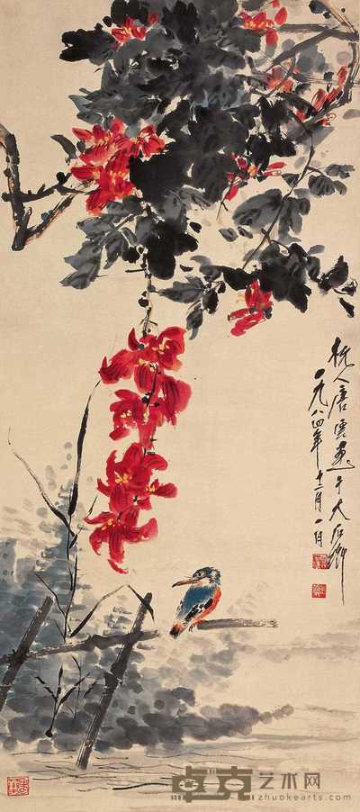唐云 1984年作 花鸟 立轴 102×46cm